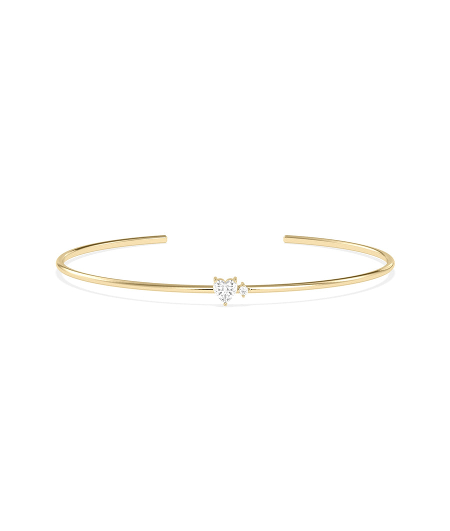 Heart solitaire accent cuff bangle in 14K solid yellow gold
