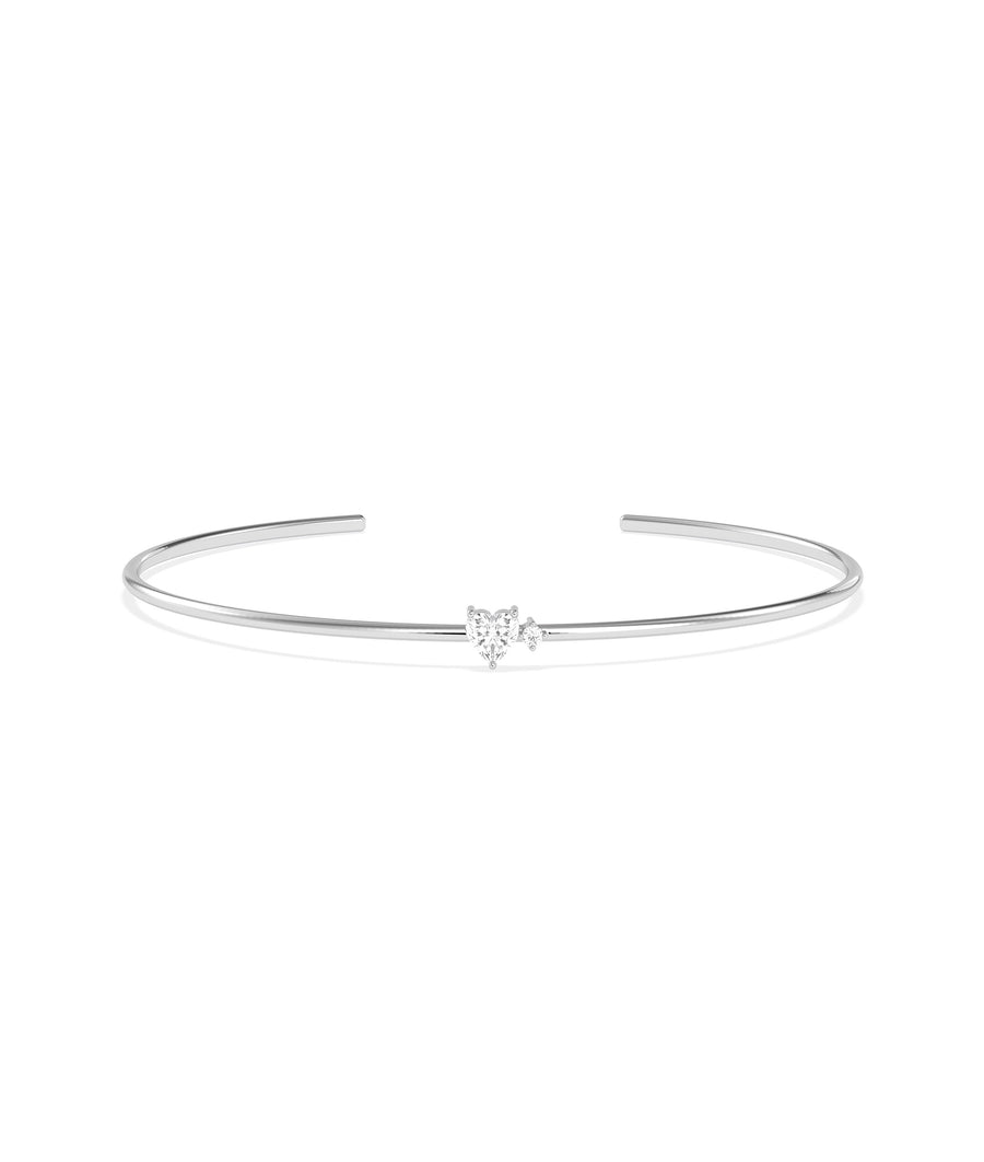Heart solitaire accent cuff bangle in 14K solid white gold