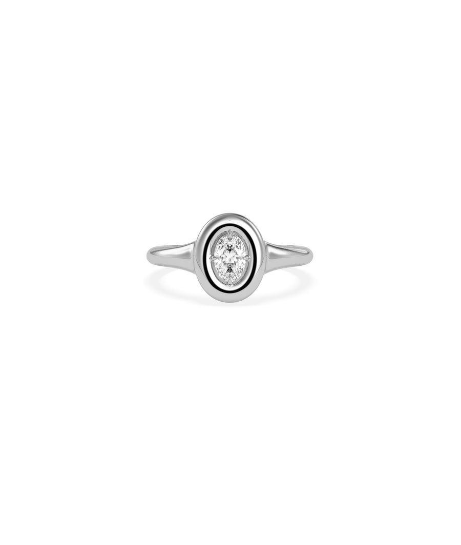Oval bubble set solitaire diamond pinky ring in 14K white gold