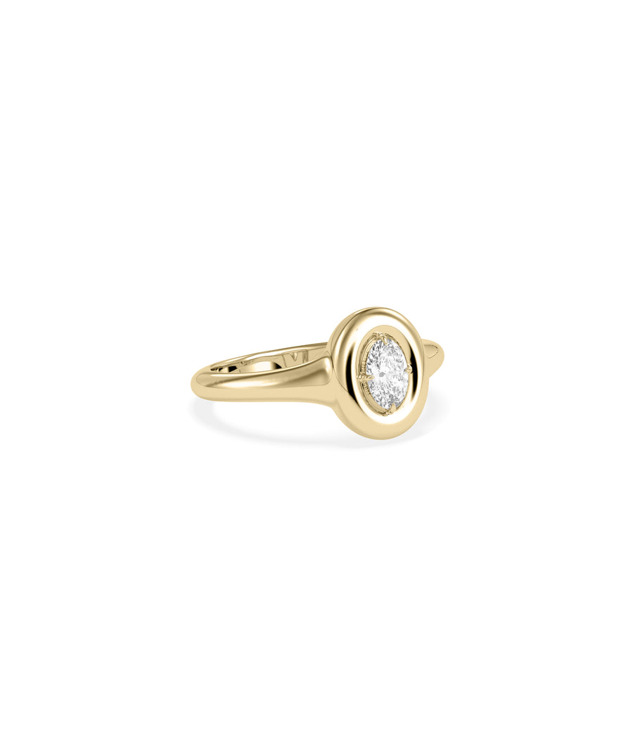 Oval bubble set solitaire diamond pinky ring in 14K yellow gold side profile