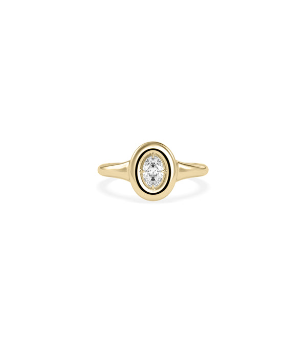 Oval bubble set solitaire diamond pinky ring in 14K yellow gold
