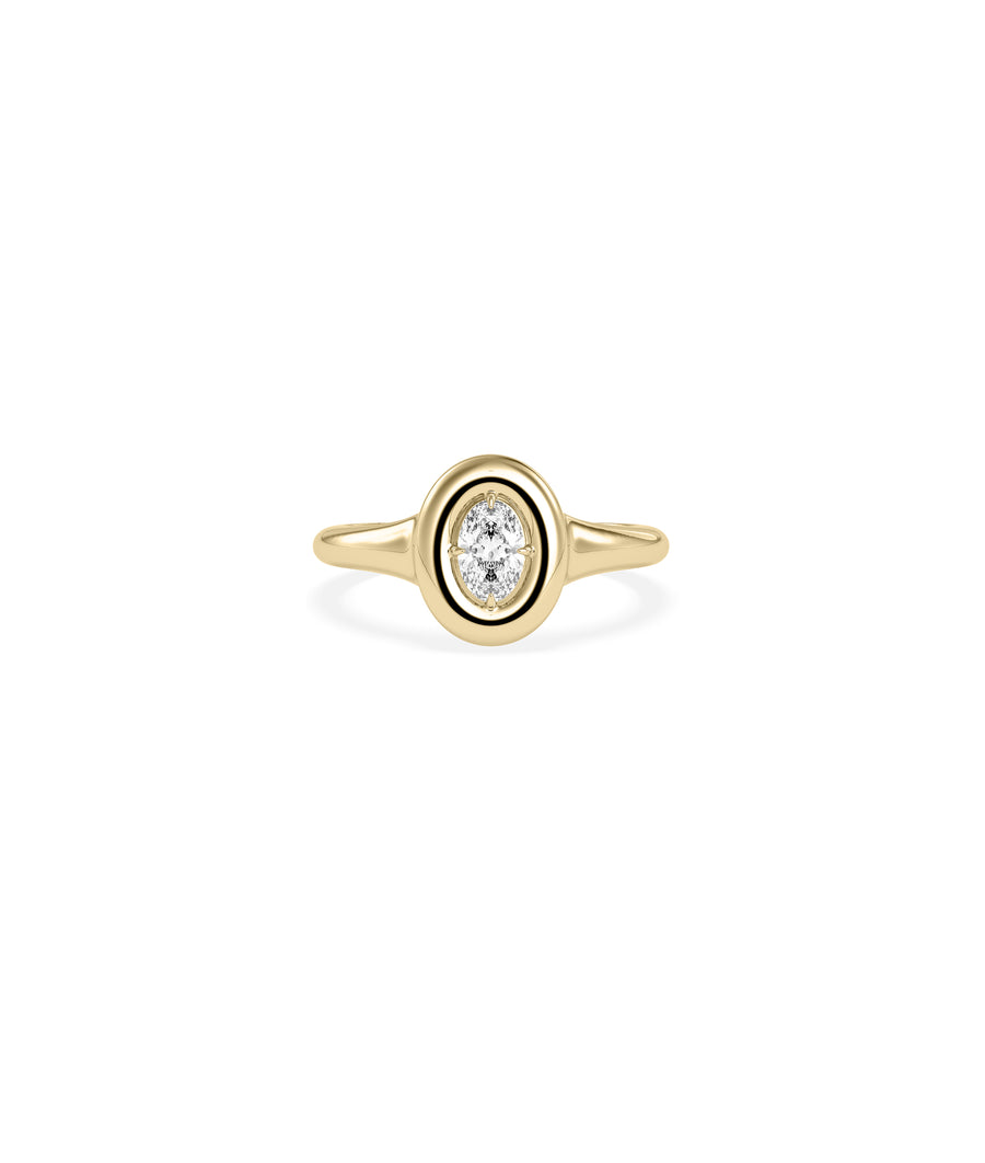 Oval bubble set solitaire diamond pinky ring in 14K yellow gold