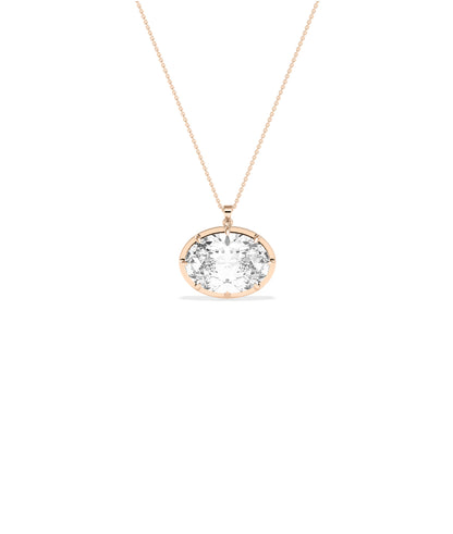 Large oval diamond pendant on a delicate rose gold chain with prong setting
