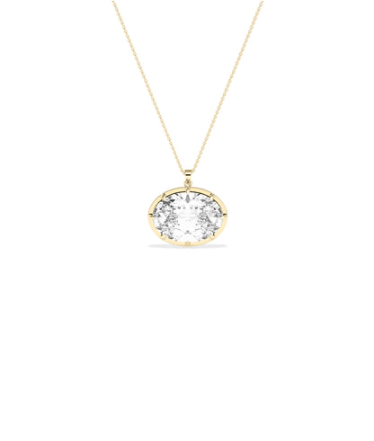 Large oval diamond pendant set in yellow gold prong bezel on delicate yellow gold chain
