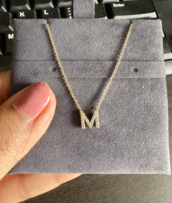 Pave diamond initial necklace in 14K yellow solid gold