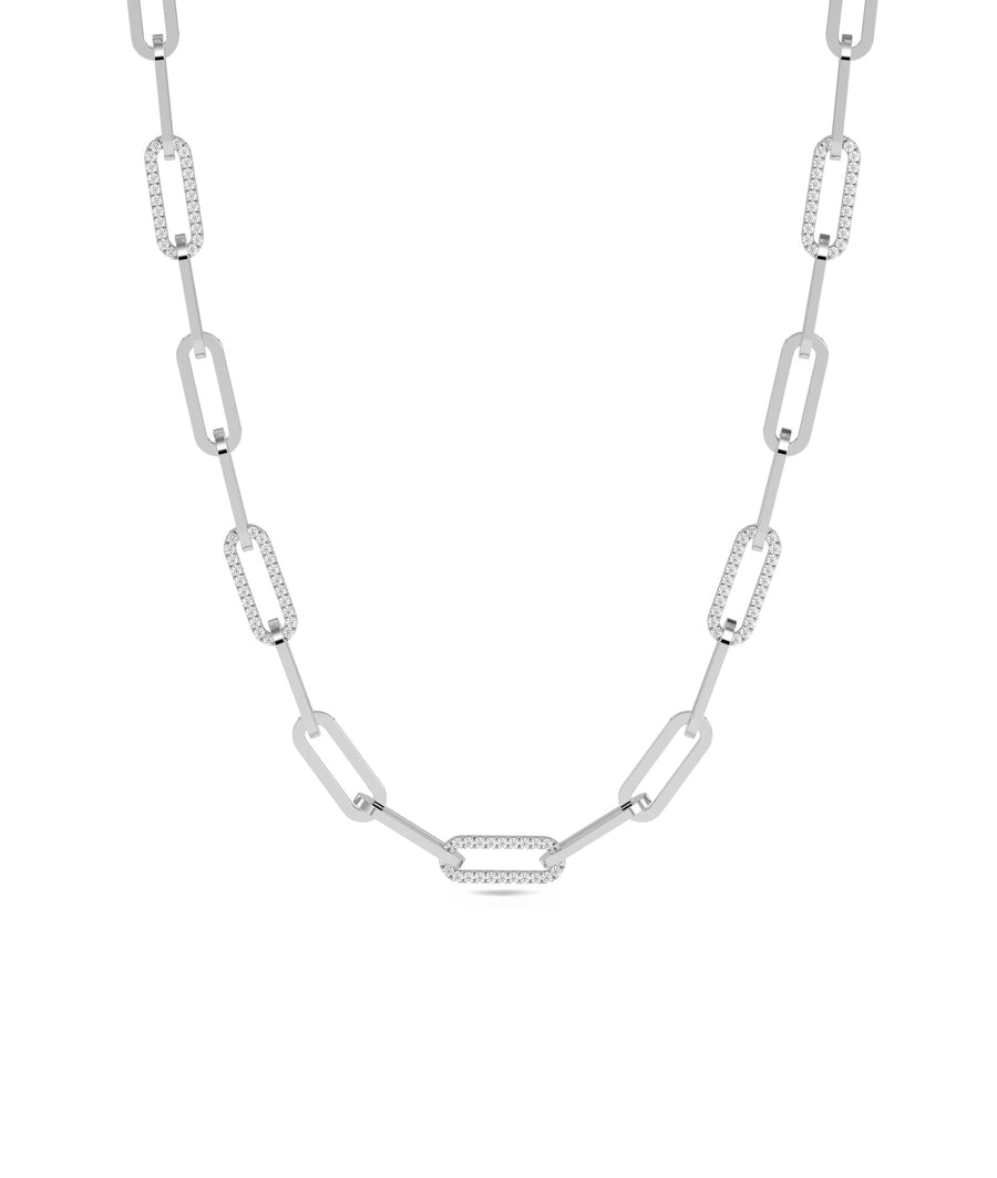 Pave diamond paper clip necklace in 14K solid white gold