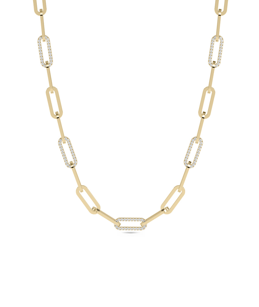 Pave diamond paper clip necklace in 14K solid yellow gold