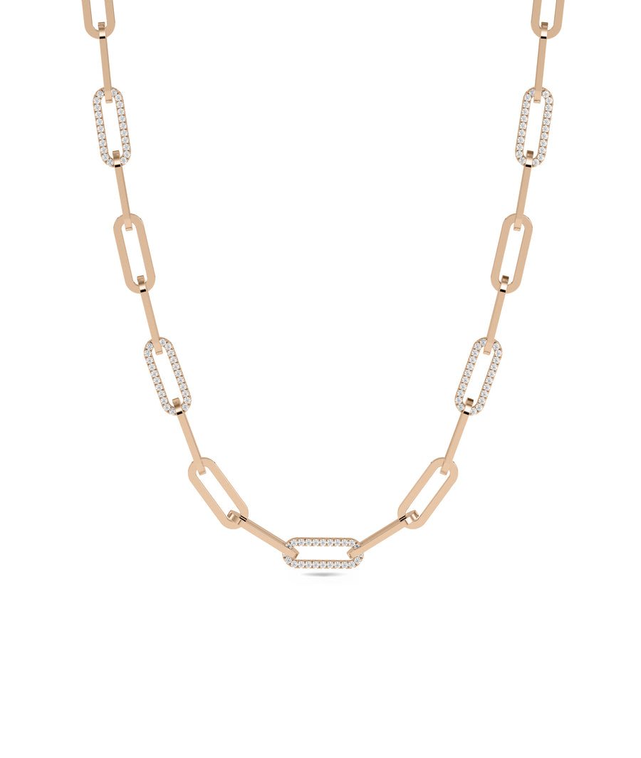 Pavé diamond paper clip necklace in 14K rose gold