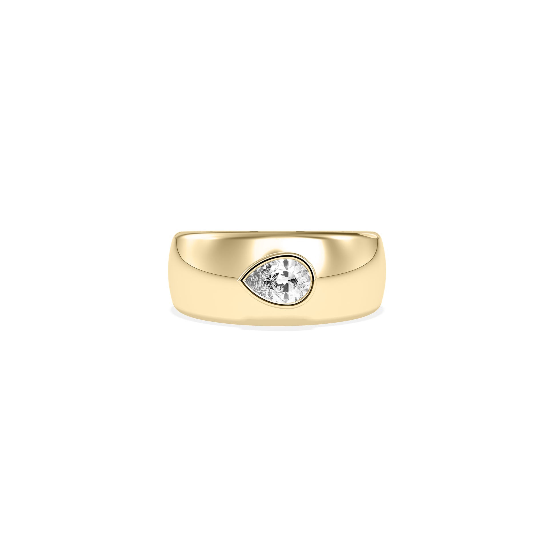 Yellow gold bezel solitaire round lab diamond band ring front view