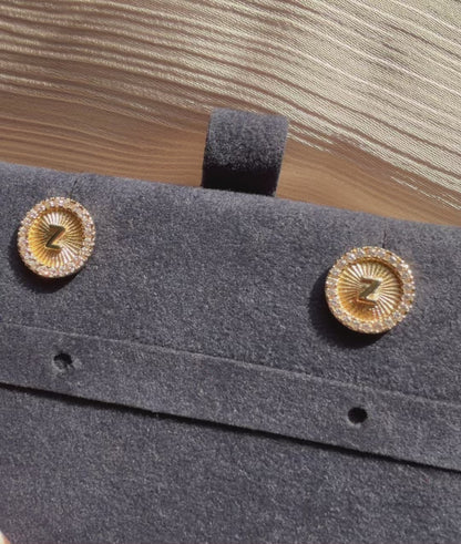 Diamond Halo Fluted Disc Earring with Gold Initial