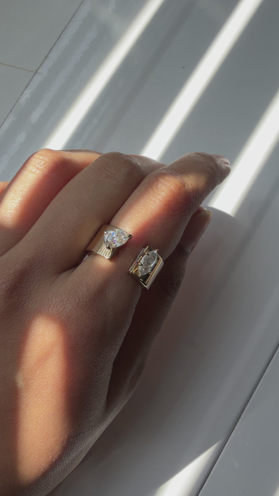 Open band pear marquise lab diamond ring in 14K gold