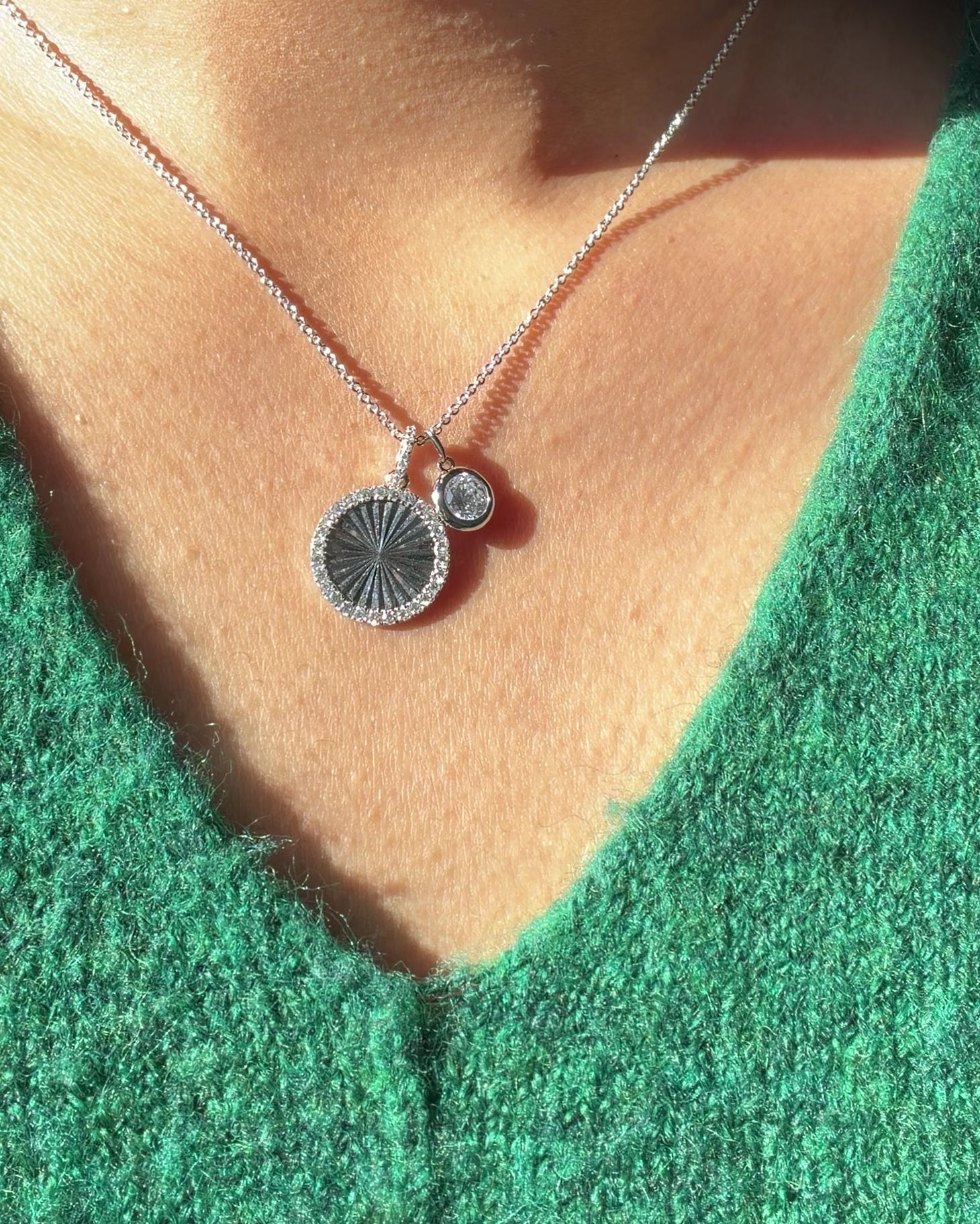 Fluted Circle Charm Diamond Eternity Pendant Gold