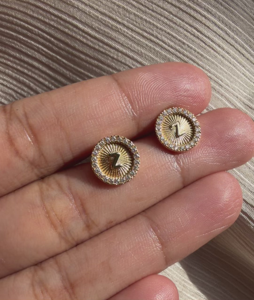 Diamond Halo Fluted Disc Earring with Gold Initial