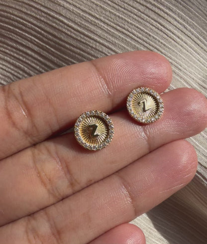 Diamond Halo Fluted Disc Earring with Gold Initial