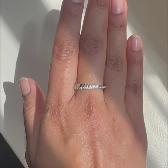 Angled view of Diamond Line and Fluted Gold Band Ring highlighting dimensional fluted grooves