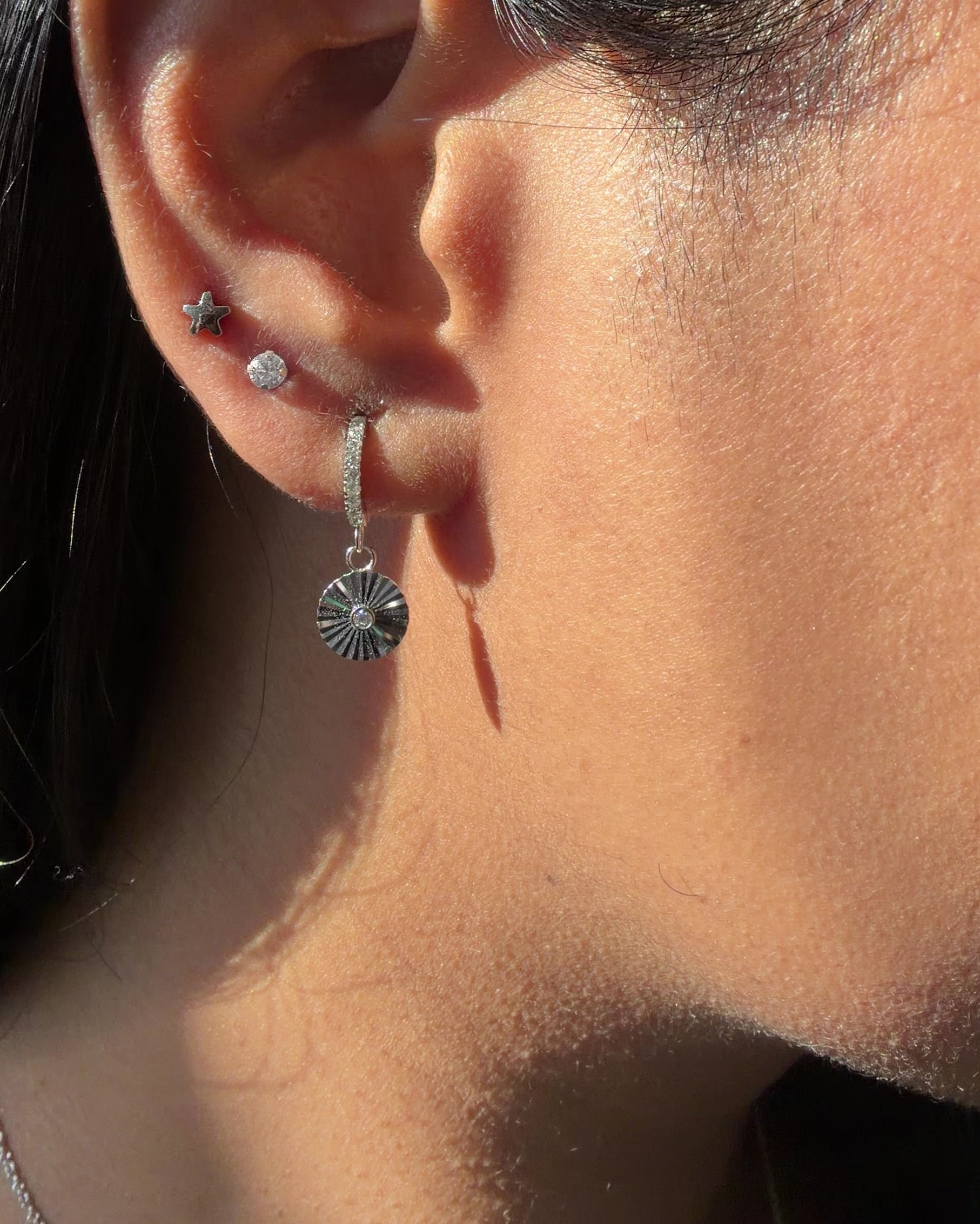 Diamond Hoop Earring Fluted Disc Dangle