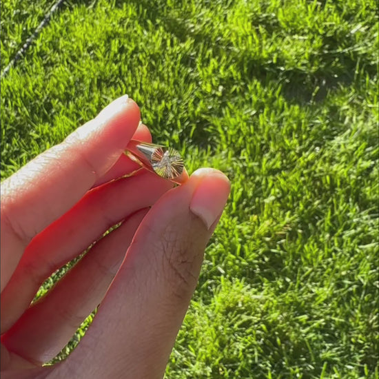 Personalized signet ring fluted circle diamond accents presentation