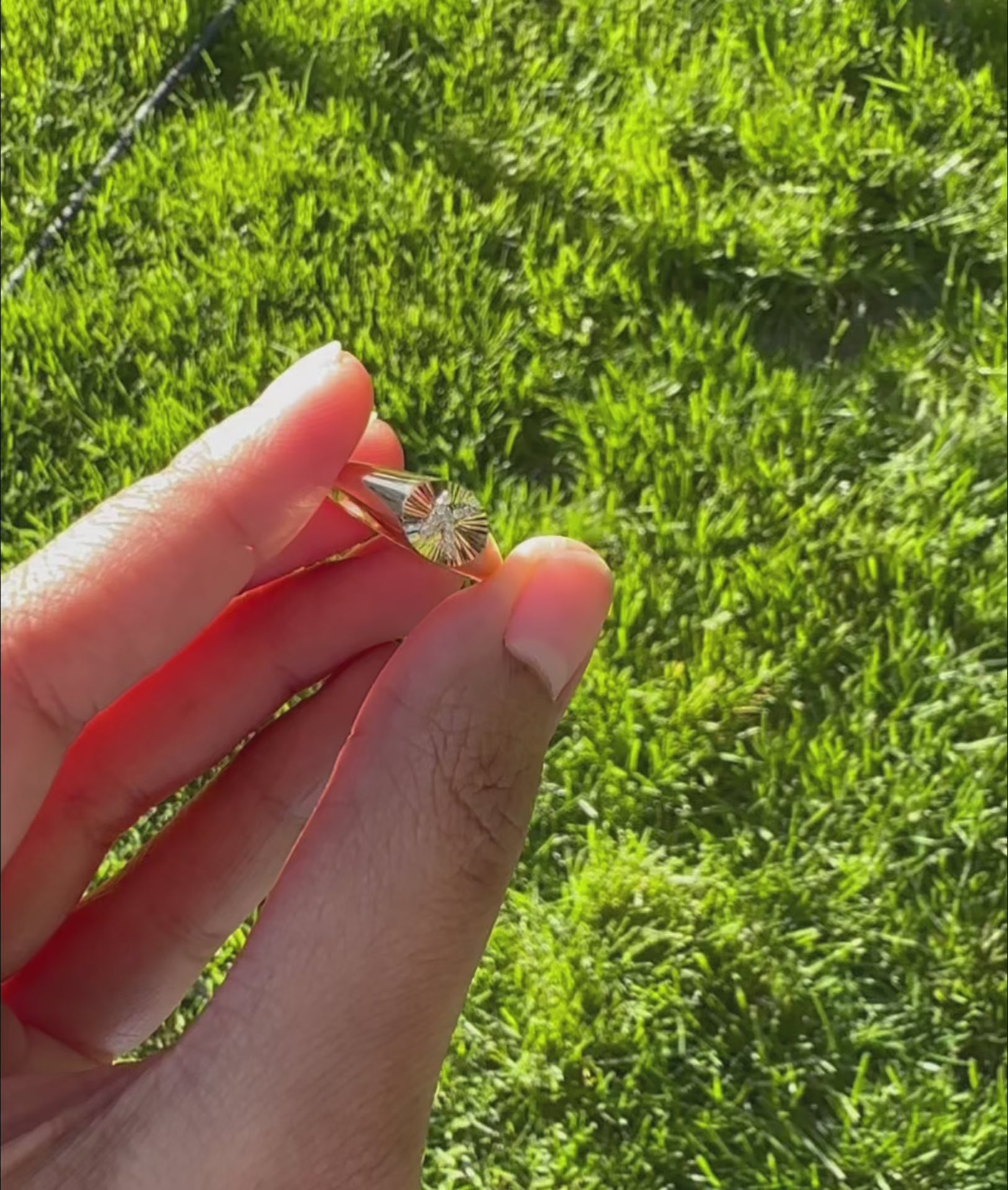 Personalized signet ring fluted circle diamond accents presentation