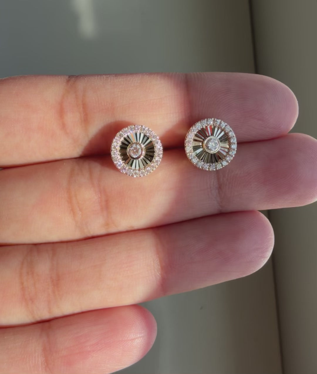 Diamond Halo Fluted Disc Earring with Diamond Solitaire