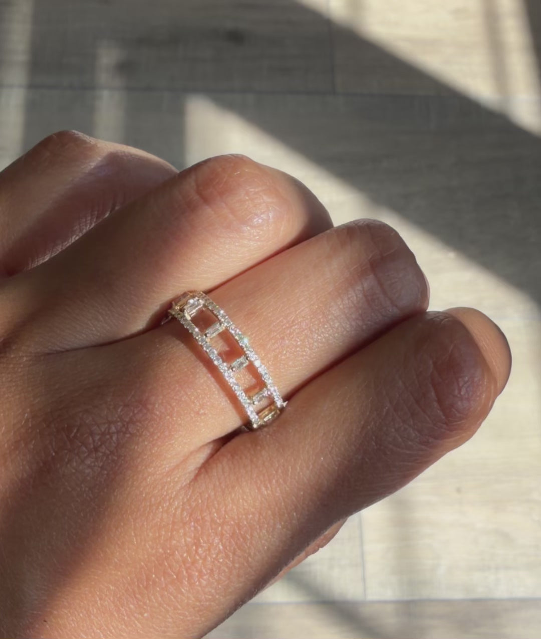 Closeup of Diamond 2 Line Eternity Band Ring showing dual baguette rows encircling band