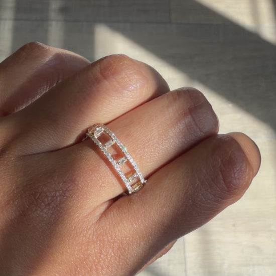 Closeup of Diamond 2 Line Eternity Band Ring showing dual baguette rows encircling band