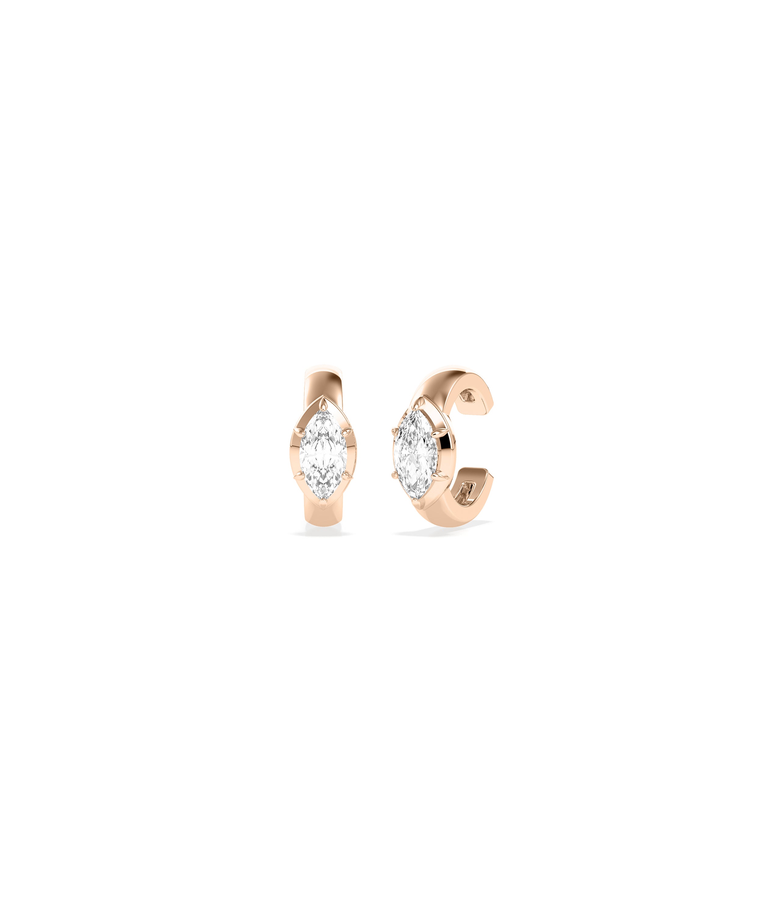 Rose gold ear cuffs featuring marquise-cut diamonds in a four-prong setting, no piercing required