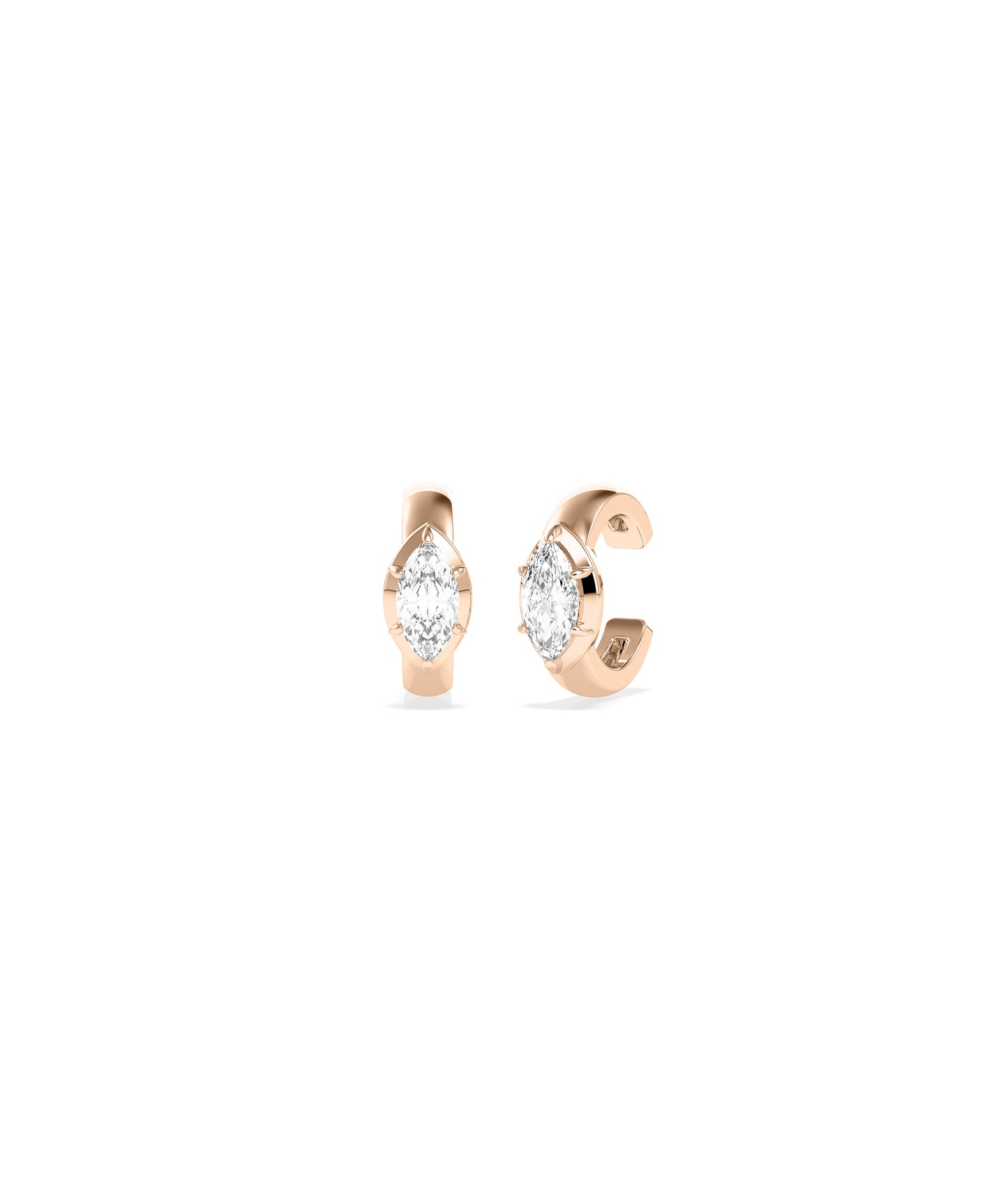 Rose gold ear cuffs featuring marquise-cut diamonds in a four-prong setting, no piercing required