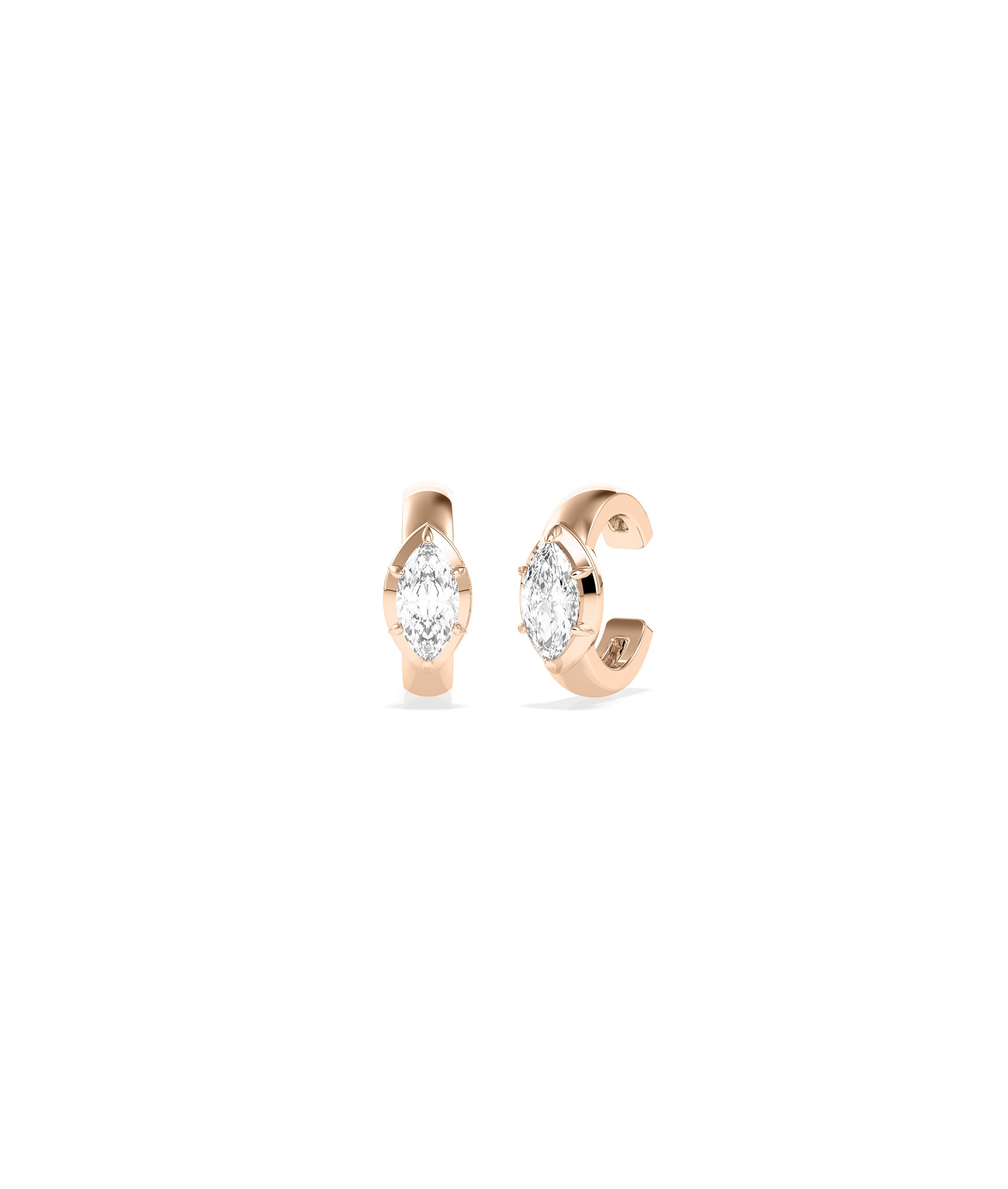 Rose gold ear cuffs featuring marquise-cut diamonds in a four-prong setting, no piercing required