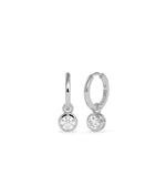 Round bezel set diamond dangle earrings in 14K white gold