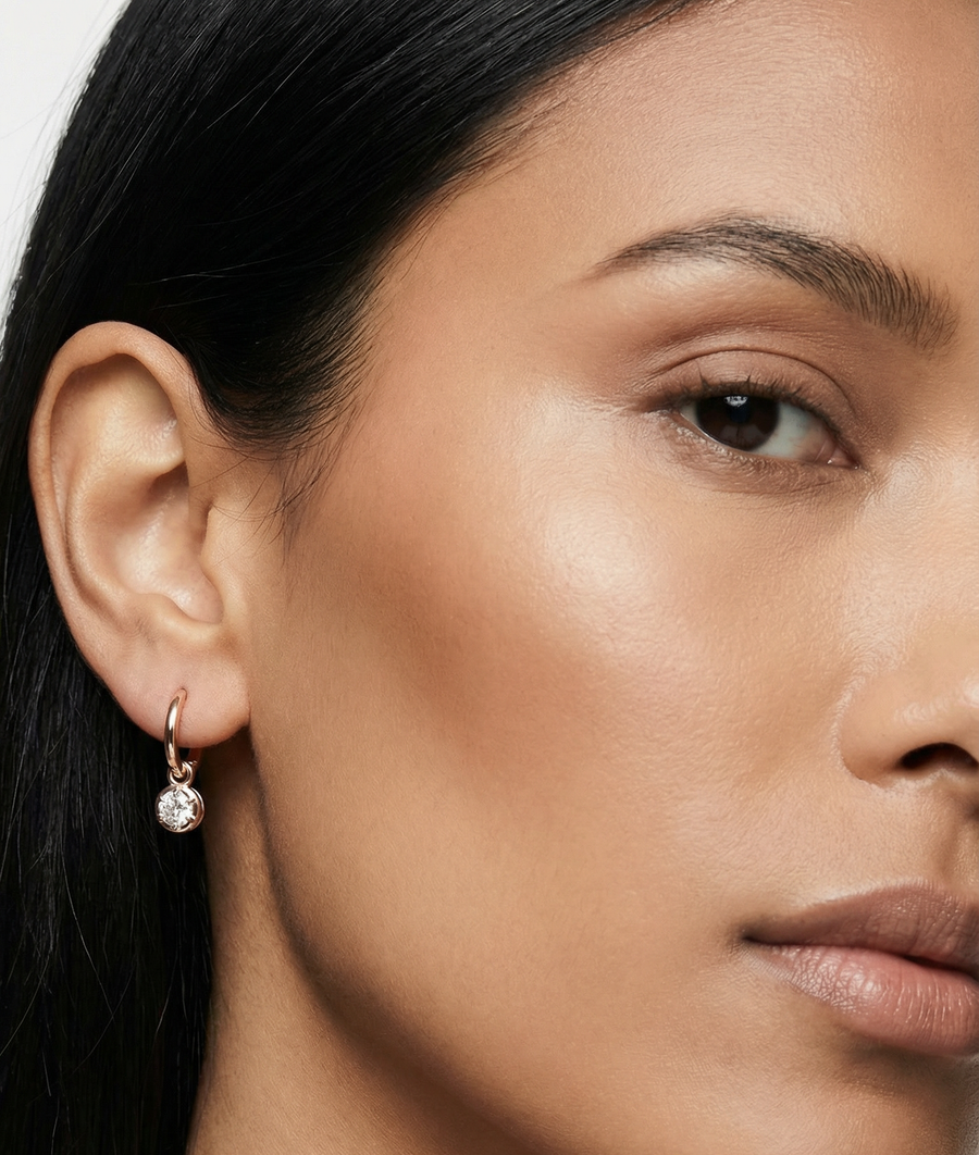 Round bezel set diamond dangle earrings in 14K solid gold