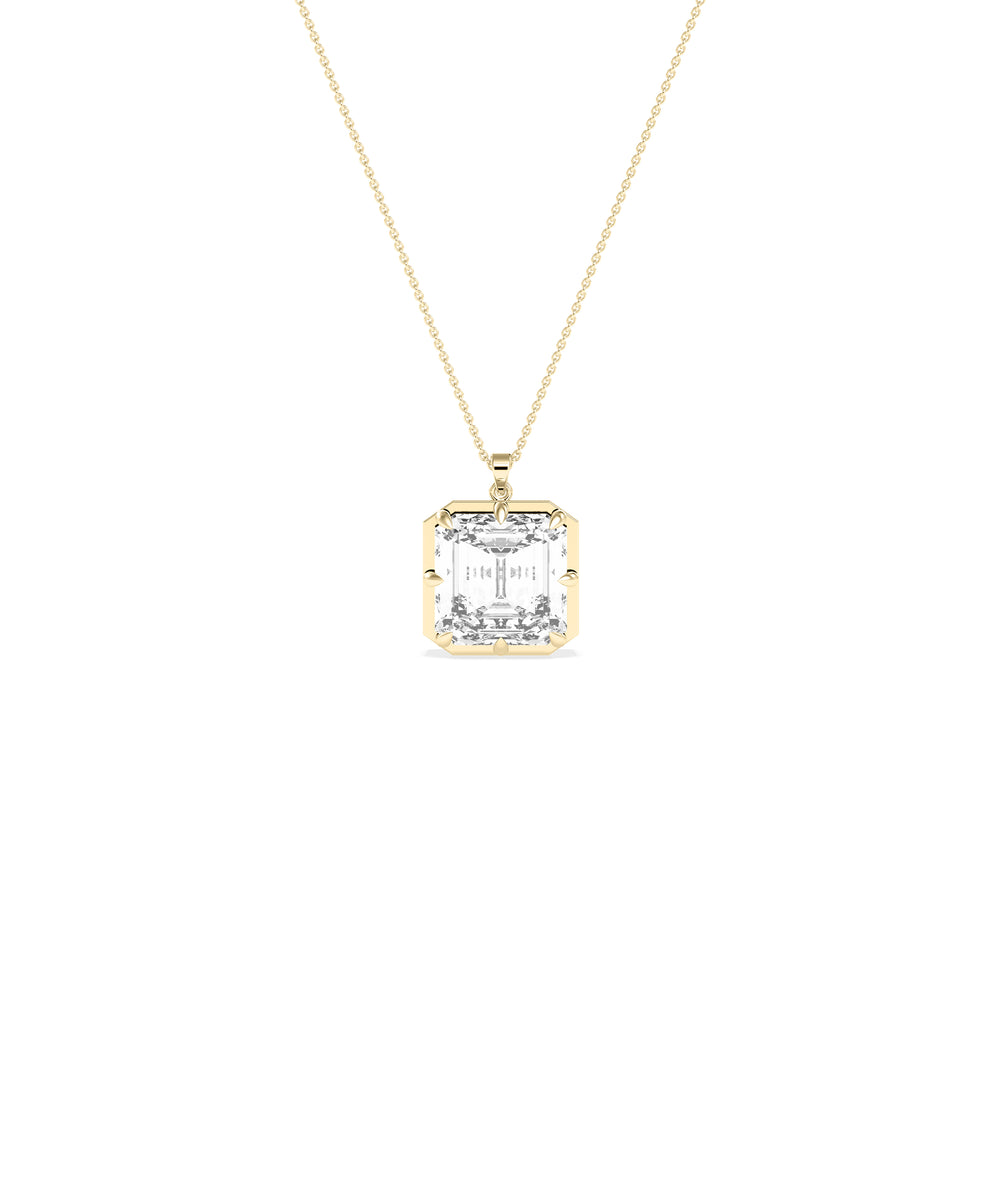 Solitaire asscher cut lab diamond pendant in yellow gold