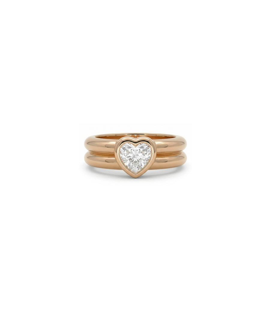 Solitaire bezel double band ring in 14K rose solid gold