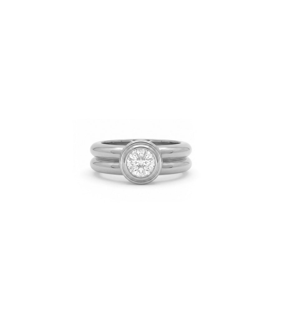 Solitaire bezel double band ring in 14K solid white gold