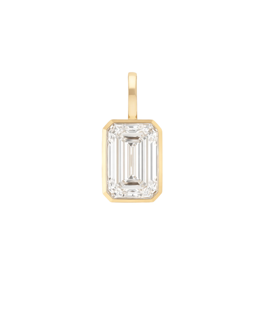 Solitaire vertical emerald cut bezel charm pendant in solid gold