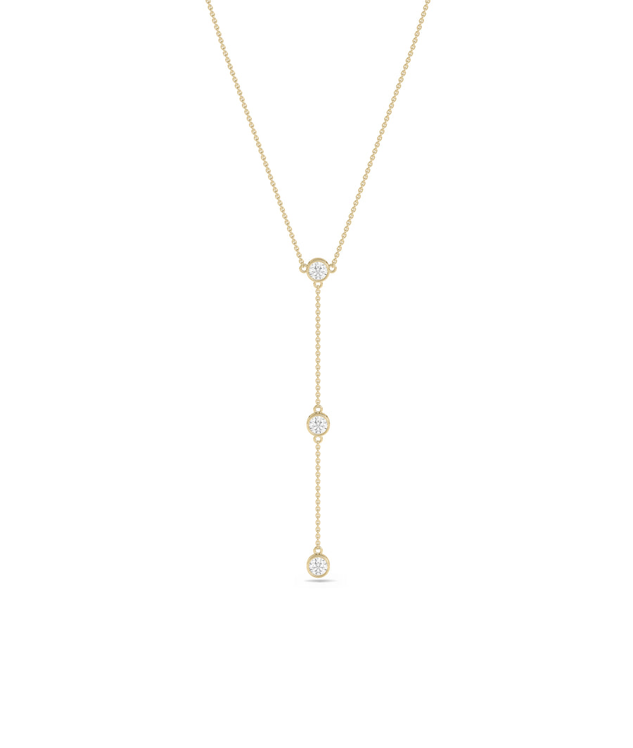 Three diamond solitaire dangle necklace in 14K solid yellow gold