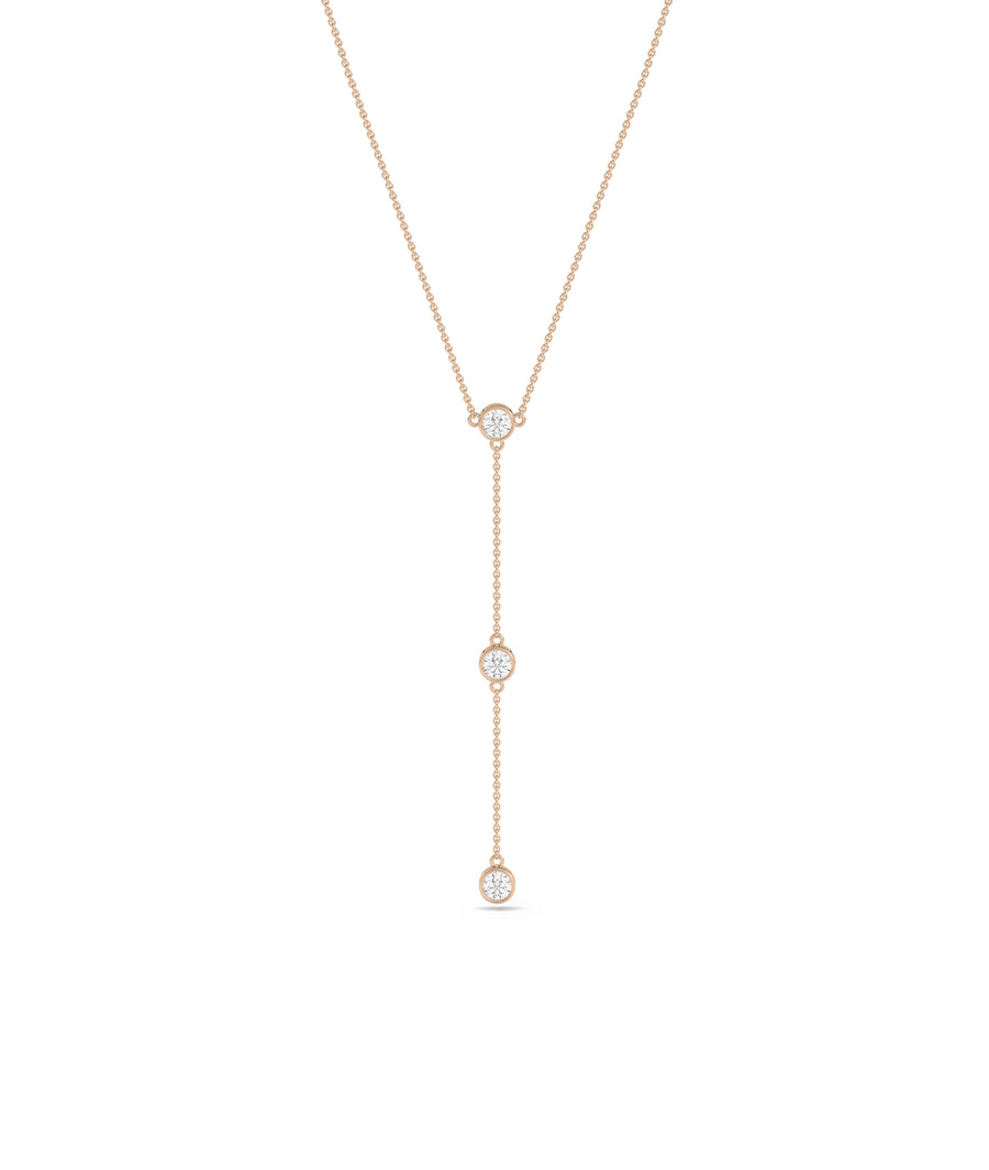 Three diamond solitaire dangle necklace in rose gold