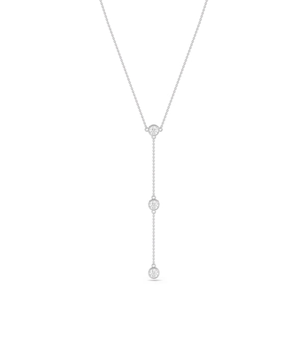 Three diamond solitaire dangle necklace in 14K solid white gold alternate view