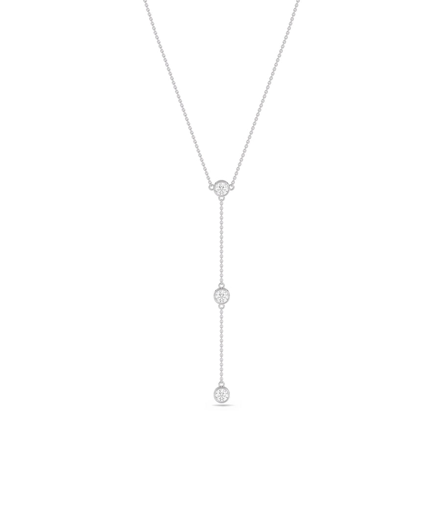 Three diamond solitaire dangle necklace in 14K solid white gold