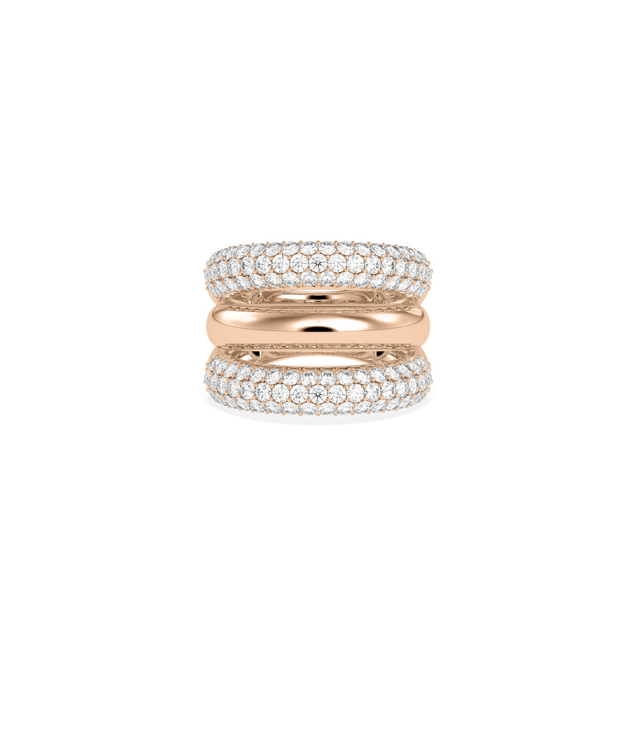Triple row diamond band ring in 14K rose gold solid gold