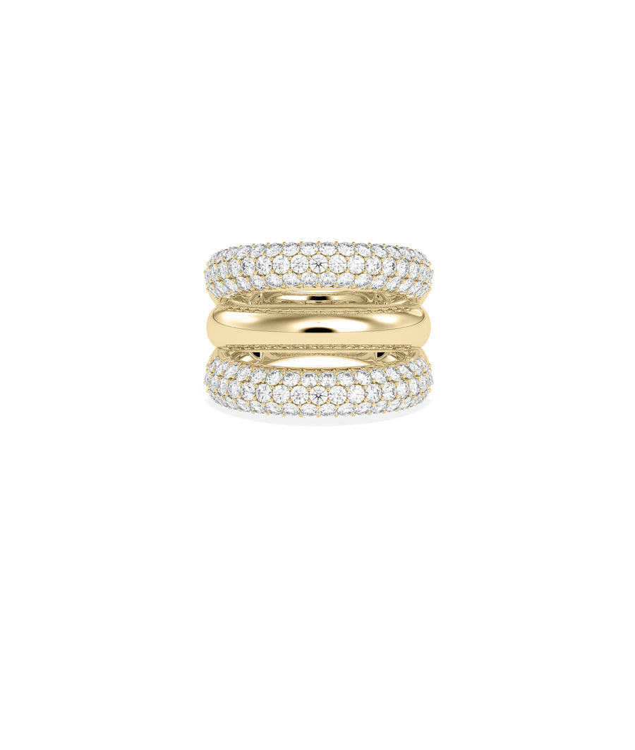 Triple row diamond band ring in 14K solid yellow gold