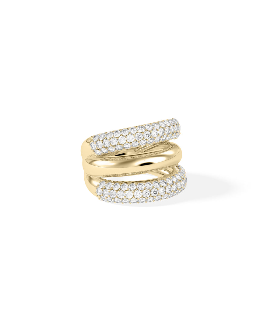 Triple row diamond band ring in 14K solid yellow gold side profile