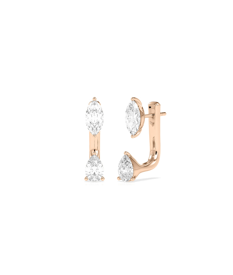 Two stone marquise and pear lab diamond stud earrings in rose gold