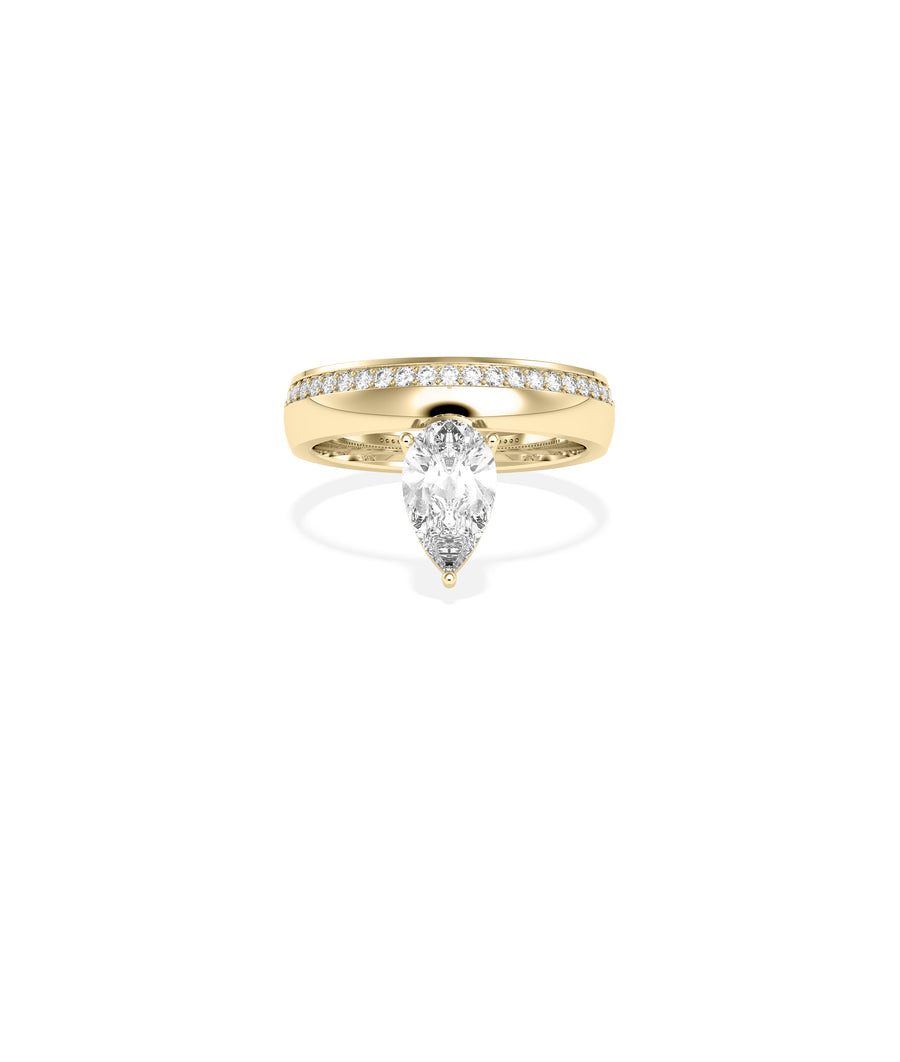 Vintage pear lab diamond solitaire ring with pavé band in yellow gold