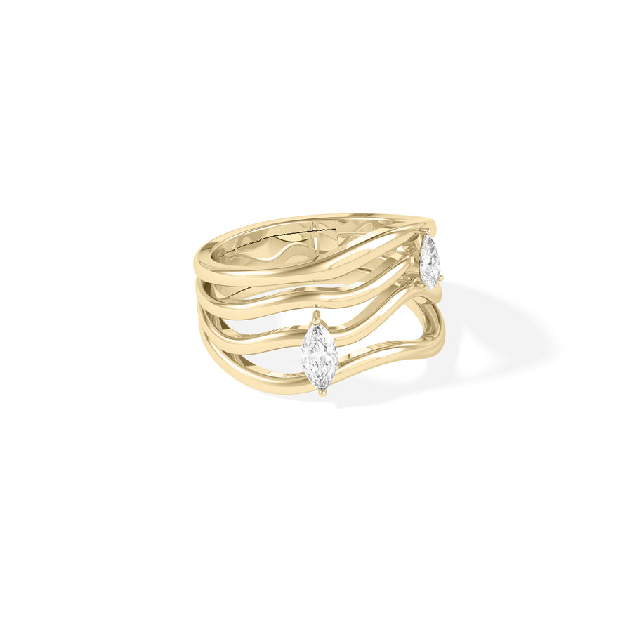 Side profile view of wave multi band marquise pear lab diamond ring