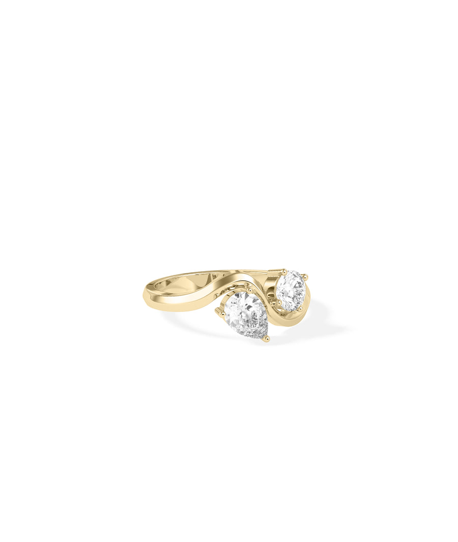 Wave pear round lab diamond ring in yellow gold side profile view