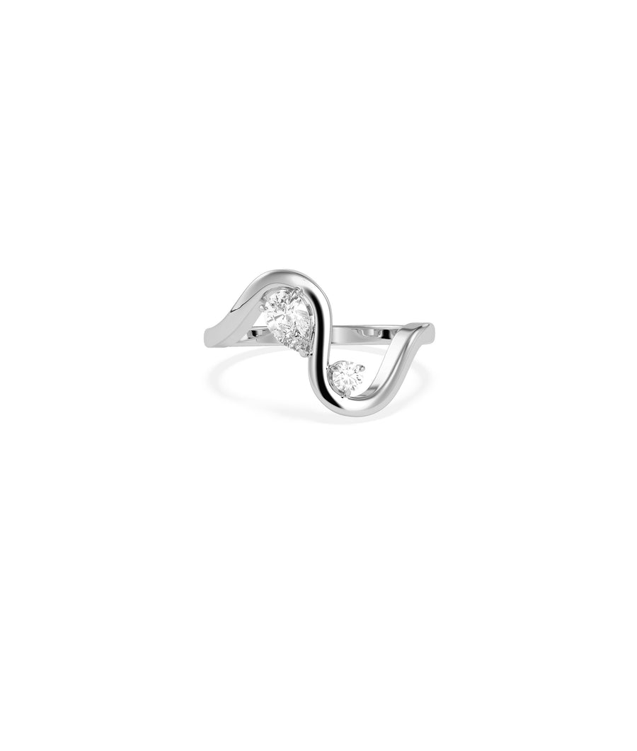 Wave pear round two-stone lab diamond ring in 14K white gold