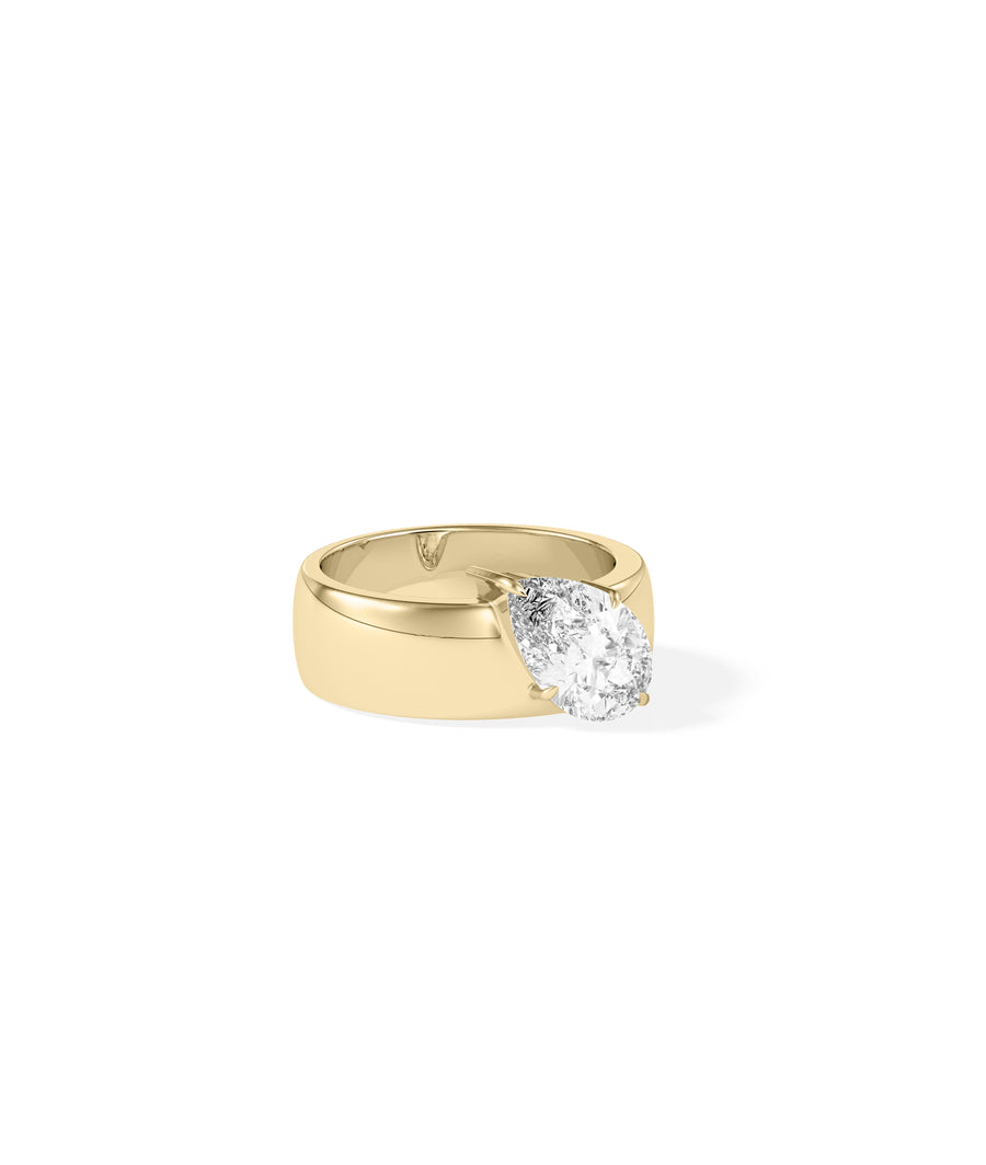 Wide band pear lab diamond solitaire ring in yellow gold side profile