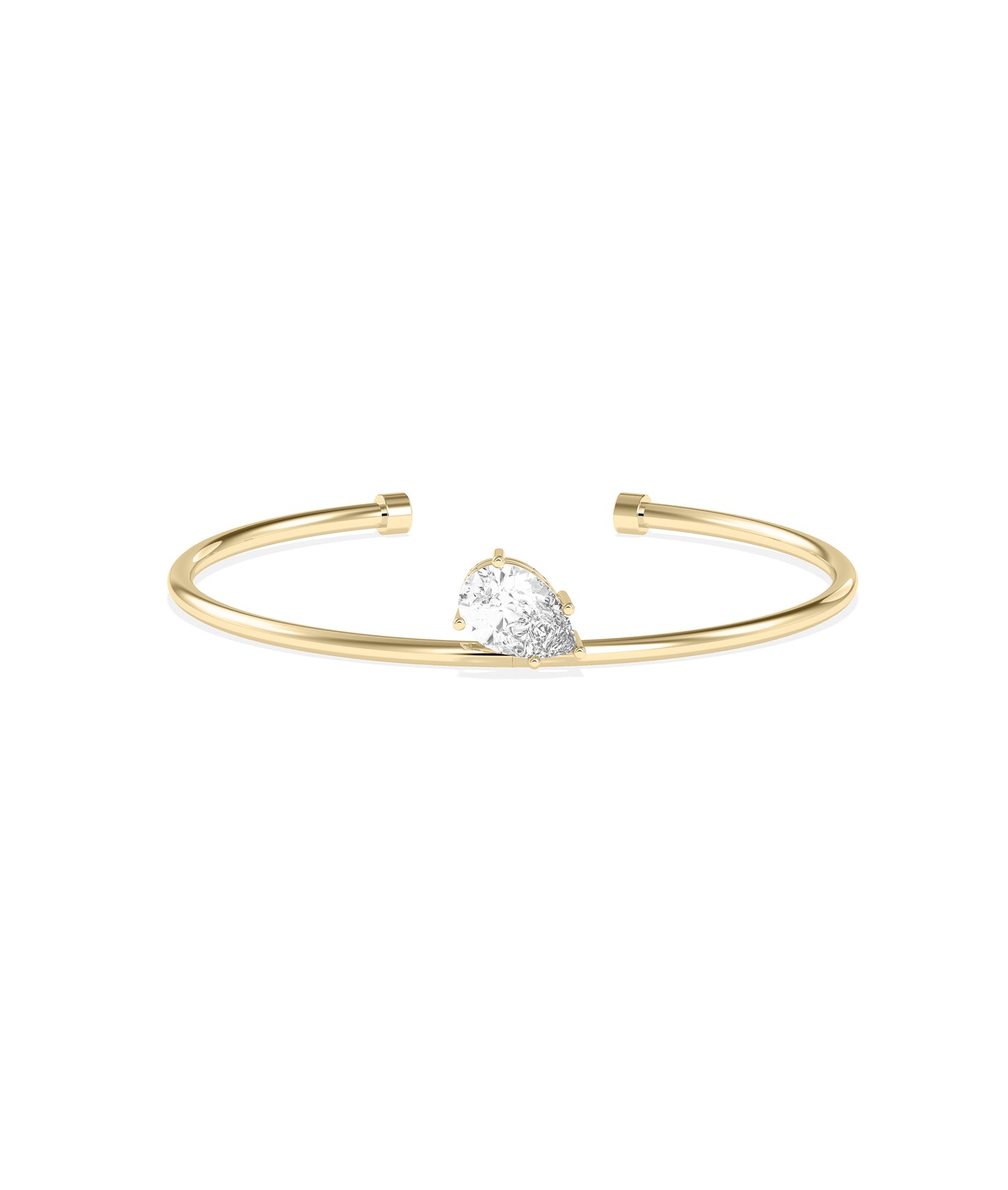 Yellow gold open cuff bracelet featuring a pear-shaped diamond solitaire in a prong setting